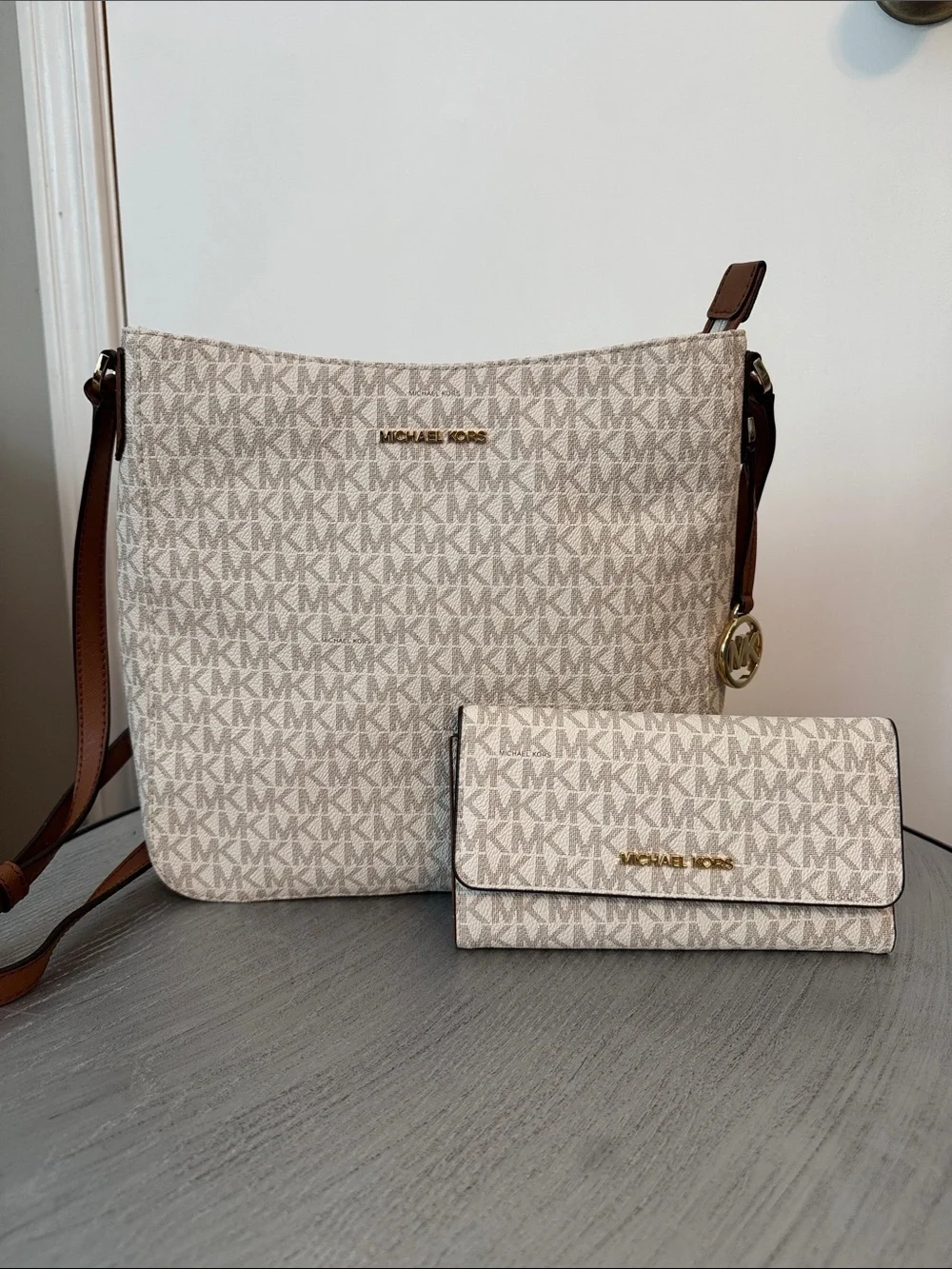 Michael Kors Cream Signature Crossbody Bag and Wallet Set